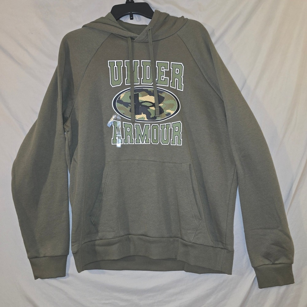 Under Armour Hoodie Large Mens Olive Green Camo Logo Rival Fleece Pullover